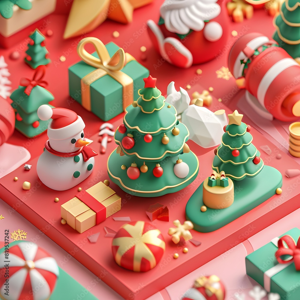 Isometric 3D render of a festive sticker design with holiday-themed icons and bright colors, displayed on a cheerful, festive background