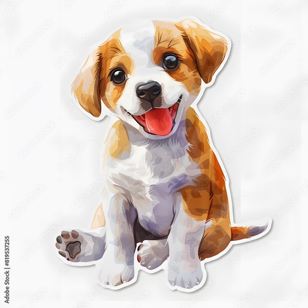 Isometric 3D render of a watercolor-style sticker featuring an adorable puppy with a playful expression, isolated on a white background