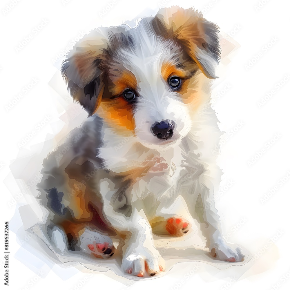 Isometric 3D render of a cute puppy in a watercolor art style, with soft brush strokes and vibrant colors, isolated on a white background
