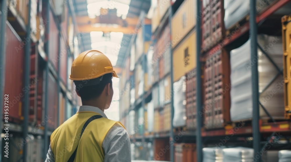 Engineers are overseeing the transportation of cargo with containers inside the warehouse. Container in export and import business Engineers are overseeing the transportation of cargo with containers inside the warehouse. Container in export and import business