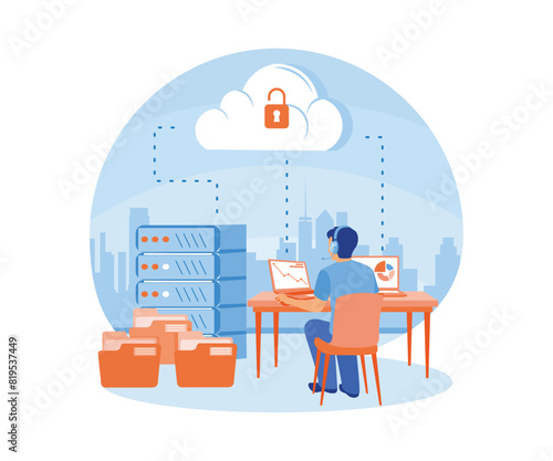 A man works while listening to music. Process files and store them in data centers. Could Computing concept. Flat vector illustration.