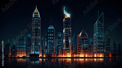 Glossy and artistic neon light effect urban landscapes of modern towering cities and Skyscrapers or Artistic textures and futuristic townscapes ai generative #819537499