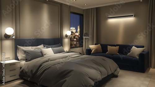 A modern bedroom with floor-to-ceiling windows showcasing a panoramic view of a bustling city skyline at sunset. The room features sleek, contemporary furniture and soft