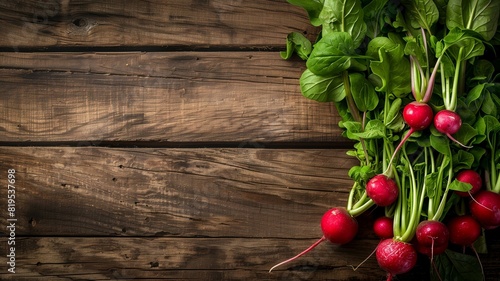 Visualize a picturesque scene featuring a heap of fresh radishes, complete with their vibrant tops and leaves, arranged on a rustic wooden background. 