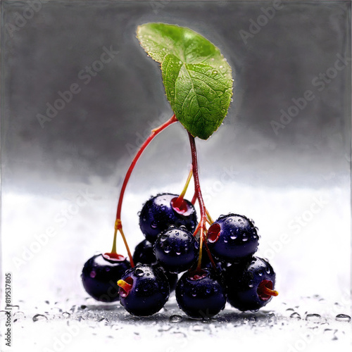 Ripe huckleberries rolling water droplets glistening stems swirling Vaccinium ovatum Food and Culinary concept photo