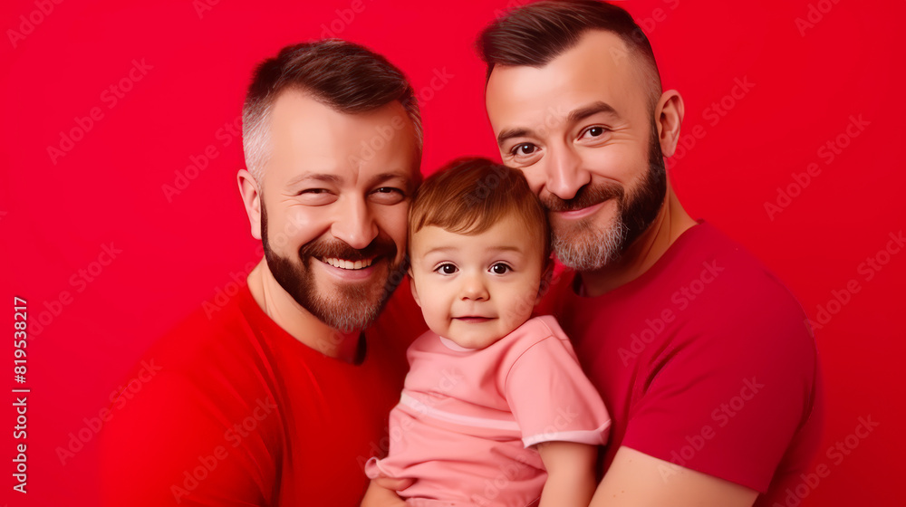 A Studio shot Portrait of happy gays couple with their son, red background ,Family, Pride month A Studio shot Portrait of happy gays couple with their son, red background ,Family, Pride month
