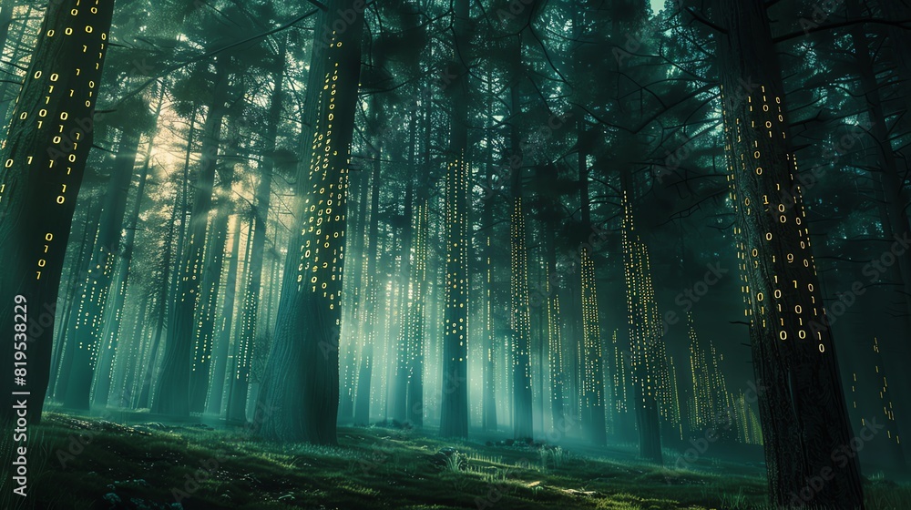 Forest Background Code A digital forest where trees are made of binary codes, side view ...