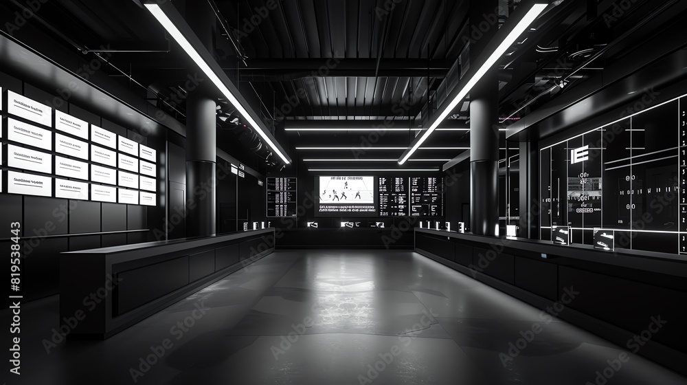 A front view of an AIenhanced sports analytics center where algorithms predict game outcomes and player performance A front view of an AIenhanced sports analytics center where algorithms predict game outcomes and player performance