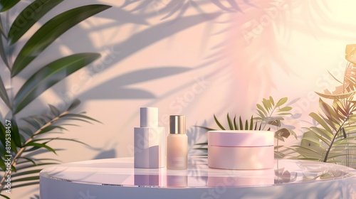 Isometric 3D render of a premium skincare product line on a glass podium  with soft lighting and a beautiful  serene background  featuring a learn more button