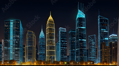 Glossy and artistic neon light effect urban landscapes of modern towering cities and Skyscrapers or Artistic textures and futuristic townscapes ai generative #819538468
