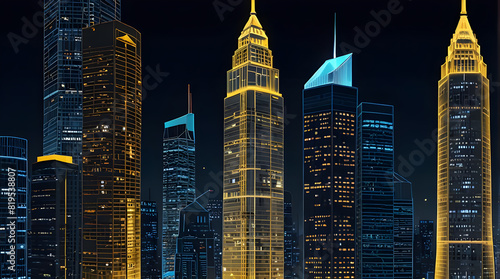 Glossy and artistic neon light effect urban landscapes of modern towering cities and Skyscrapers or Artistic textures and futuristic townscapes ai generative #819538807