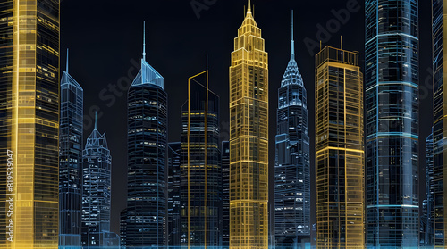 Glossy and artistic neon light effect urban landscapes of modern towering cities and Skyscrapers or Artistic textures and futuristic townscapes ai generative #819539047