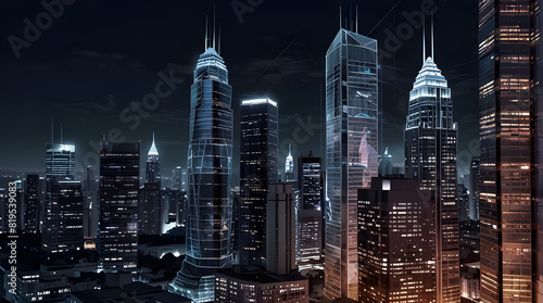Glossy and artistic neon light effect urban landscapes of modern towering cities and Skyscrapers or Artistic textures and futuristic townscapes ai generative #819539083