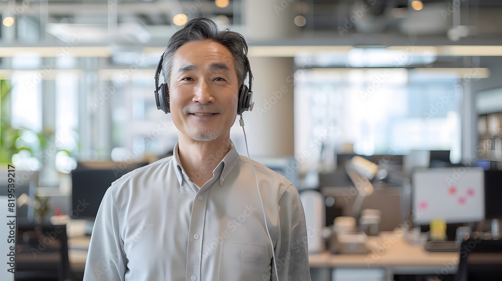 Fototapeta premium ヘッドセットをつけて微笑むシニア