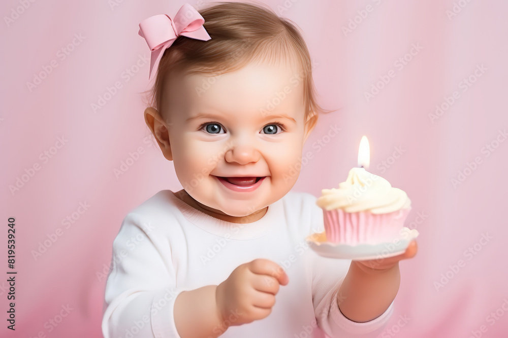 A child girl hold birthday cupcake A child girl hold birthday cupcake