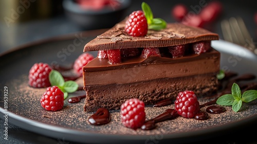 A decadent chocolate dessert, each layer of mousse and ganache glistening under the light, tempting you to take a bite photo