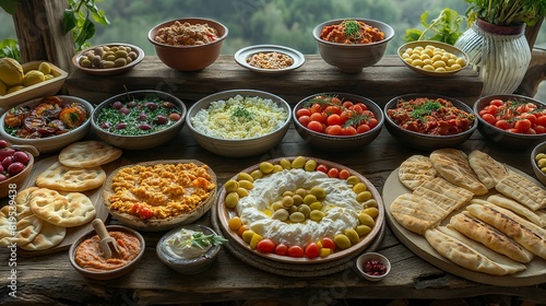 A table set with a feast of Mediterranean mezze, the array of dips, olives, and flatbreads inviting you to indulge
