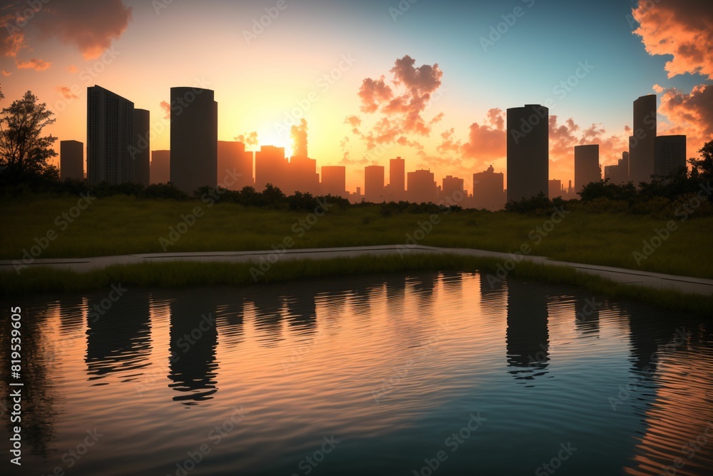 city buildings reflection in lake river pond water during sunset. wide angle view from park field. cityscape under clouds and sky.