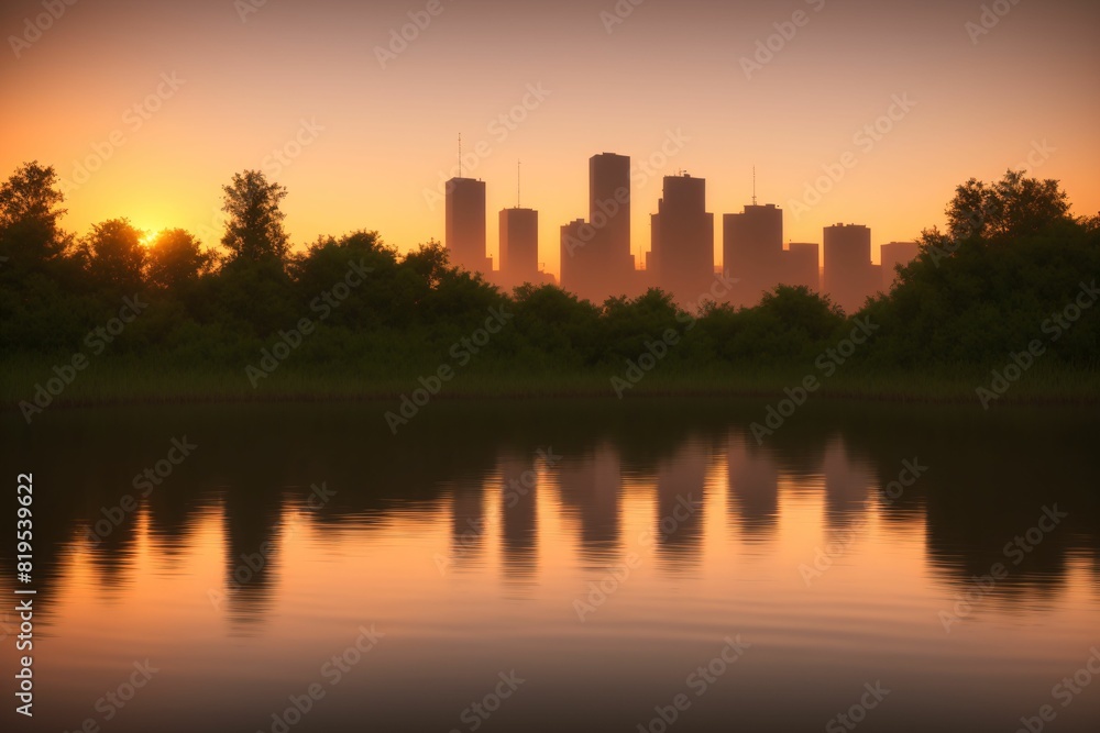 city buildings reflection in lake river pond water during sunset. wide angle view from park field. cityscape under clouds and sky.