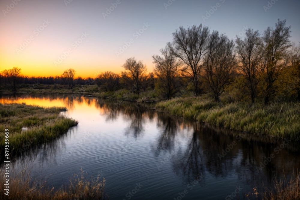 nature park trees and river under sunset in summer. pond lake reflections in field and fog scenery.