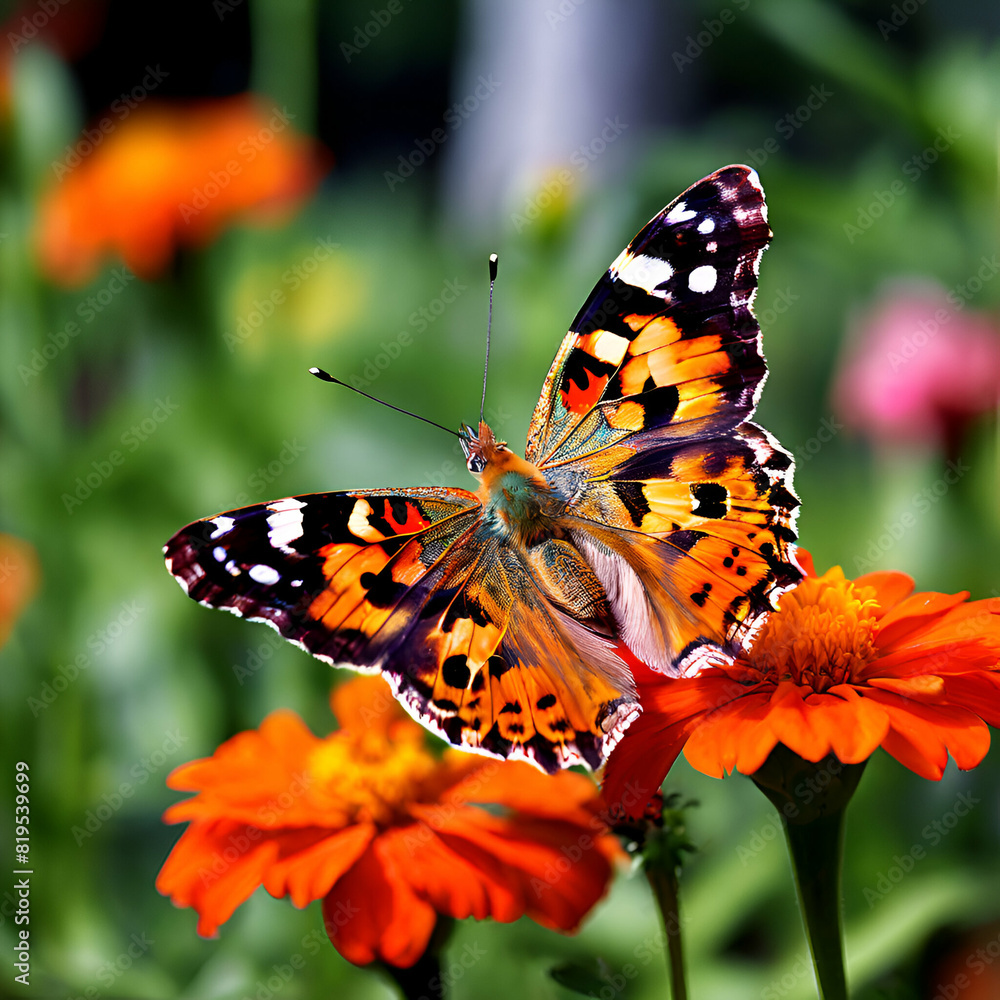 A painted lady butterfly graces a flower garden A painted lady butterfly graces a flower garden