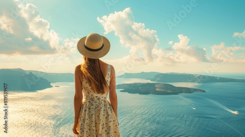Europe Greece Santorini travel vacation. Woman looking at view on famous travel destination. Elegant young lady living fancy jetset lifestyle wearing dress on holidays. photo