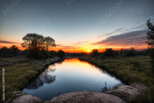 nature park trees and river under sunset in summer. pond lake reflections in field and fog scenery.