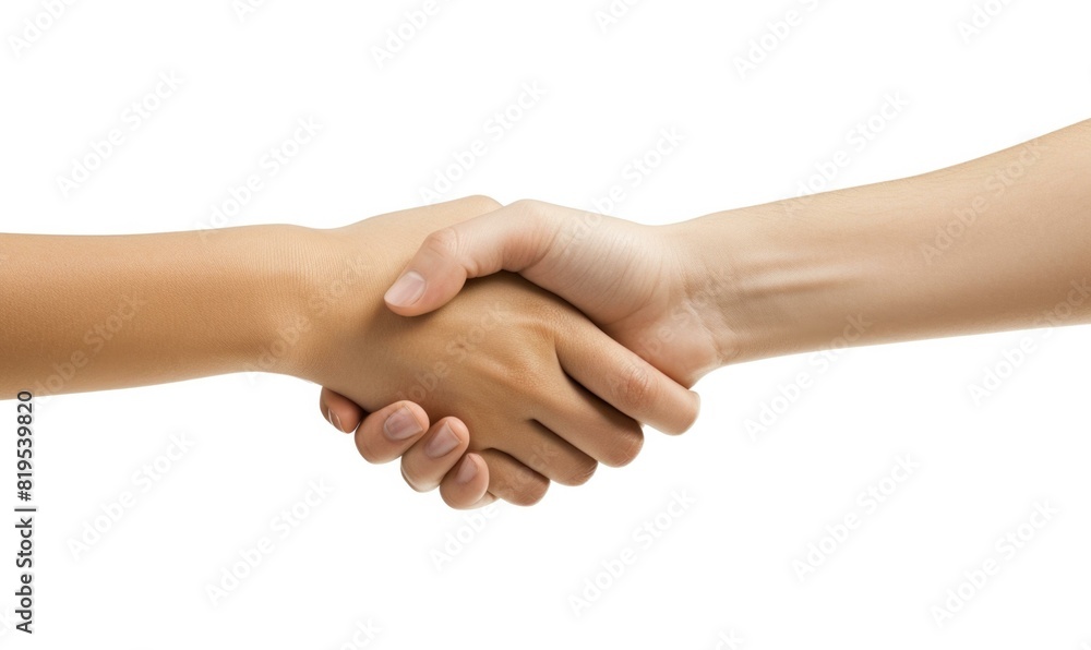 Two people shaking hands on a white background. Generative AI. Two people shaking hands on a white background. Generative AI.