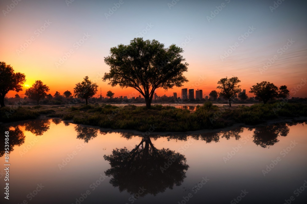 Fototapeta premium city buildings reflection in lake river pond water during sunset in summer. wide angle view from park field. cityscape under clouds and sky.