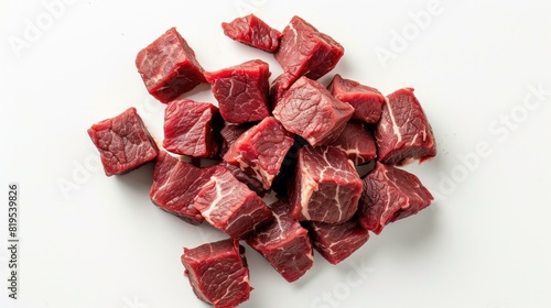 Raw beef pieces on white background. Generative AI.