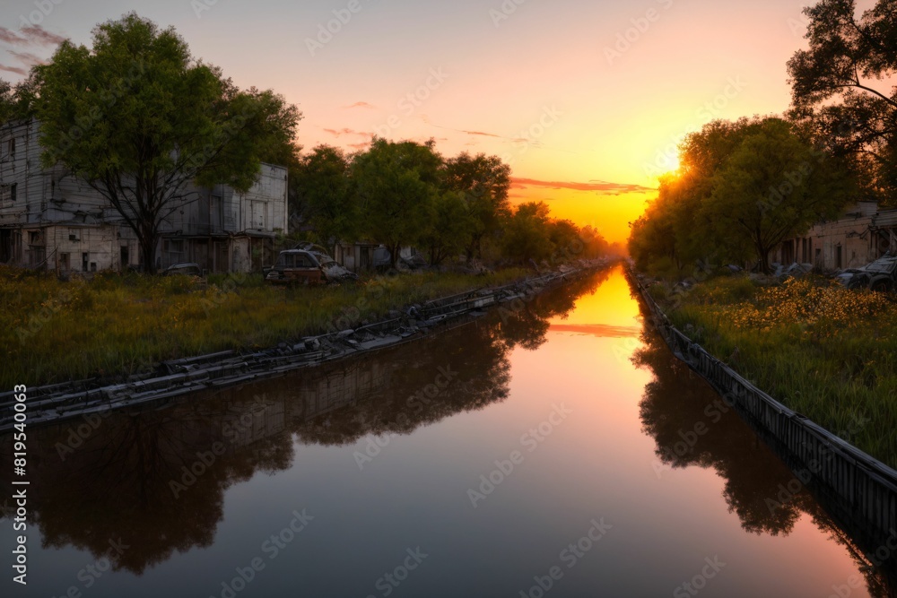 Obraz premium city buildings reflection in lake river pond water during sunset in summer. wide angle view from park field. cityscape under clouds and sky.