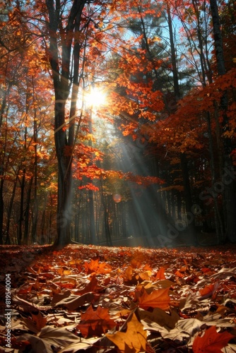 Sunlight filtering through autumn trees over a field of fallen leaves