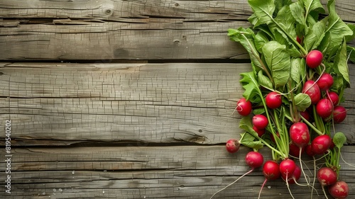 Picture a captivating arrangement of fresh radishes, complete with their leafy green tops, set against a backdrop of weathered wooden boards. 