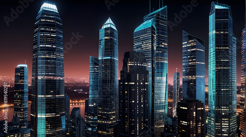 Glossy and artistic neon light effect urban landscapes of modern towering cities and Skyscrapers or Artistic textures and futuristic townscapes ai generative #819540297