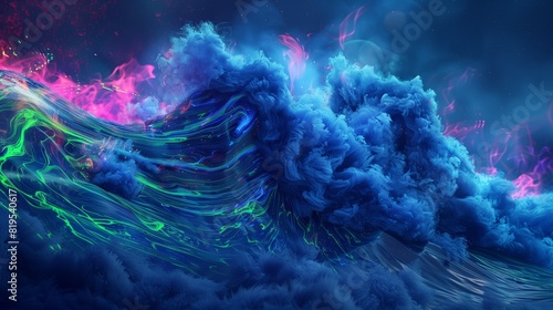 A breathtaking and otherworldly shot of a wave of deep blue smoke intermingling with streaks of neon green and hot pink, evoking a sense of cosmic wonder and awe. photo