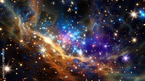 A bright and vivid 3D rendering of a distant star cluster  with sparkling stars and swirling colors creating a whirlwind of energy.