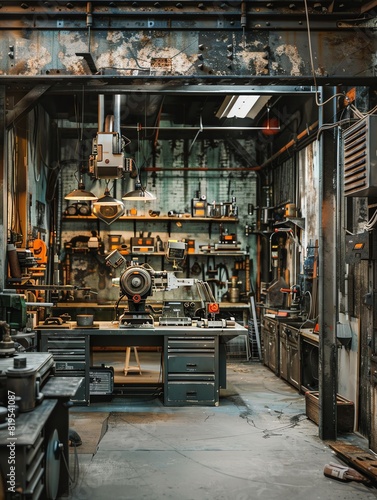 Industrial workshop with various tools and equipment arranged on shelves and benches, showing a rustic and worn aesthetic.