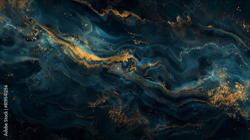 A dark and moody abstract painting that uses shades of blue and gold to create a sense of depth and mystery. The colors seem to shift and change depending on the angle of the light.