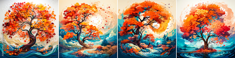 4 photos, Artistic depiction of a tree with falling autumn leaves. Unique style and design for a creative project or inspiration. Ideal for seasonal themes or nature-inspired creations.