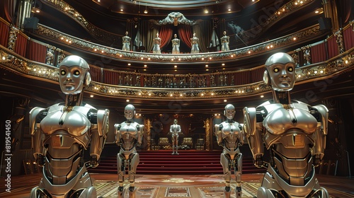 A front view of a cybernetic theater where robotic actors perform Shakespeare, showcasing the blend of classical art and modern robotics, with a technology tone in vivid colors