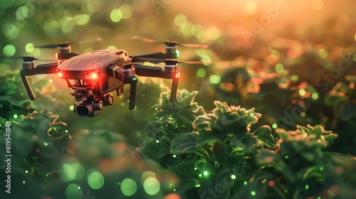 A smart agricultural system using drones to monitor and treat crop diseases, top view, emphasizing precision farming, with a scifi tone using colored pastel photo