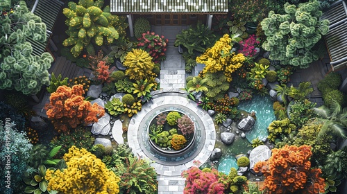 A smart botanical garden where robotic systems optimize plant care, top view, emphasizing automated natural management, with a scifi tone using colored pastel
