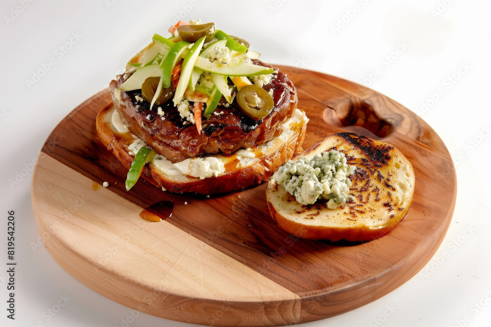 Apple Cider-Braised Pork Chop on Wooden Cutting Board with Gorgonzola Apple Cider-Braised Pork Chop on Wooden Cutting Board with Gorgonzola