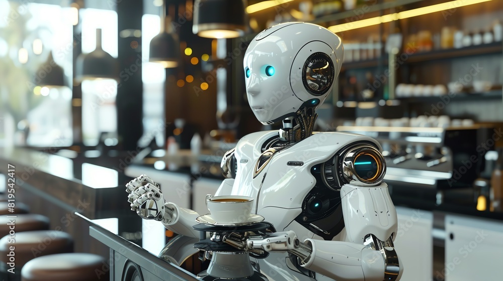 An advanced humanoid robot serving coffee in a chic cafe, front view, showcasing the integration of robots in daily life, in a robotic tone using a Complementary Color Scheme An advanced humanoid robot serving coffee in a chic cafe, front view, showcasing the integration of robots in daily life, in a robotic tone using a Complementary Color Scheme