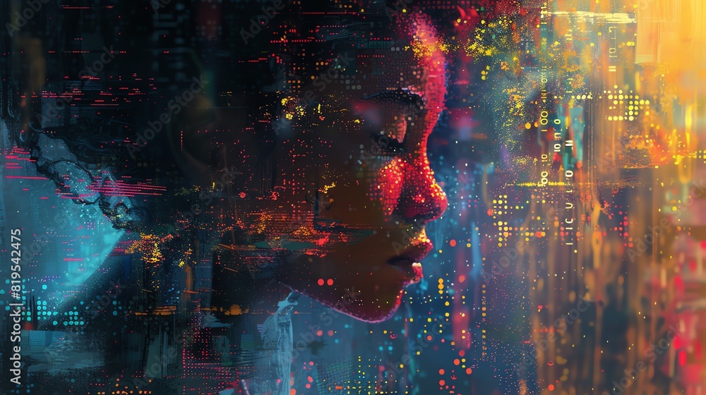 An AI art studio creating dynamic digital paintings, side view, demonstrating artistic expression through technology, with a digital binary as object in Triadic Color Scheme