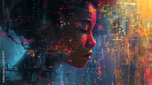 An AI art studio creating dynamic digital paintings, side view, demonstrating artistic expression through technology, with a digital binary as object in Triadic Color Scheme