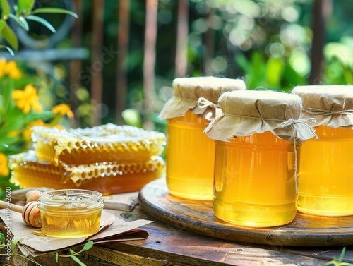 Tarros de miel fresca junto a panales en un entorno natural. La imagen resalta la pureza y la riqueza del producto, ideal para conceptos de apicultura y productos orgánicos