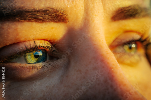 An intense close-up of a person's eyes reflecting a natural landscape. The eyes are vibrant with striking green and yellow colors, framed by dark eyebrows and illuminated by warm sunlight photo