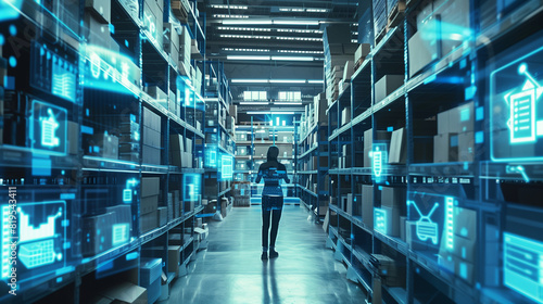 Futuristic Technology Retail Warehouse  Worker Doing Inventory Walks when Digitalization Process Analyzes Goods  Cardboard Boxes  Products with Delivery Infographics in Logistics  Distribution Center