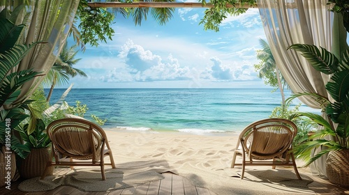 beach chair made of bamboo and fabric  with plants  background is an ocean view  caribean beach  with sand underneath. It has high-definition photography texture  